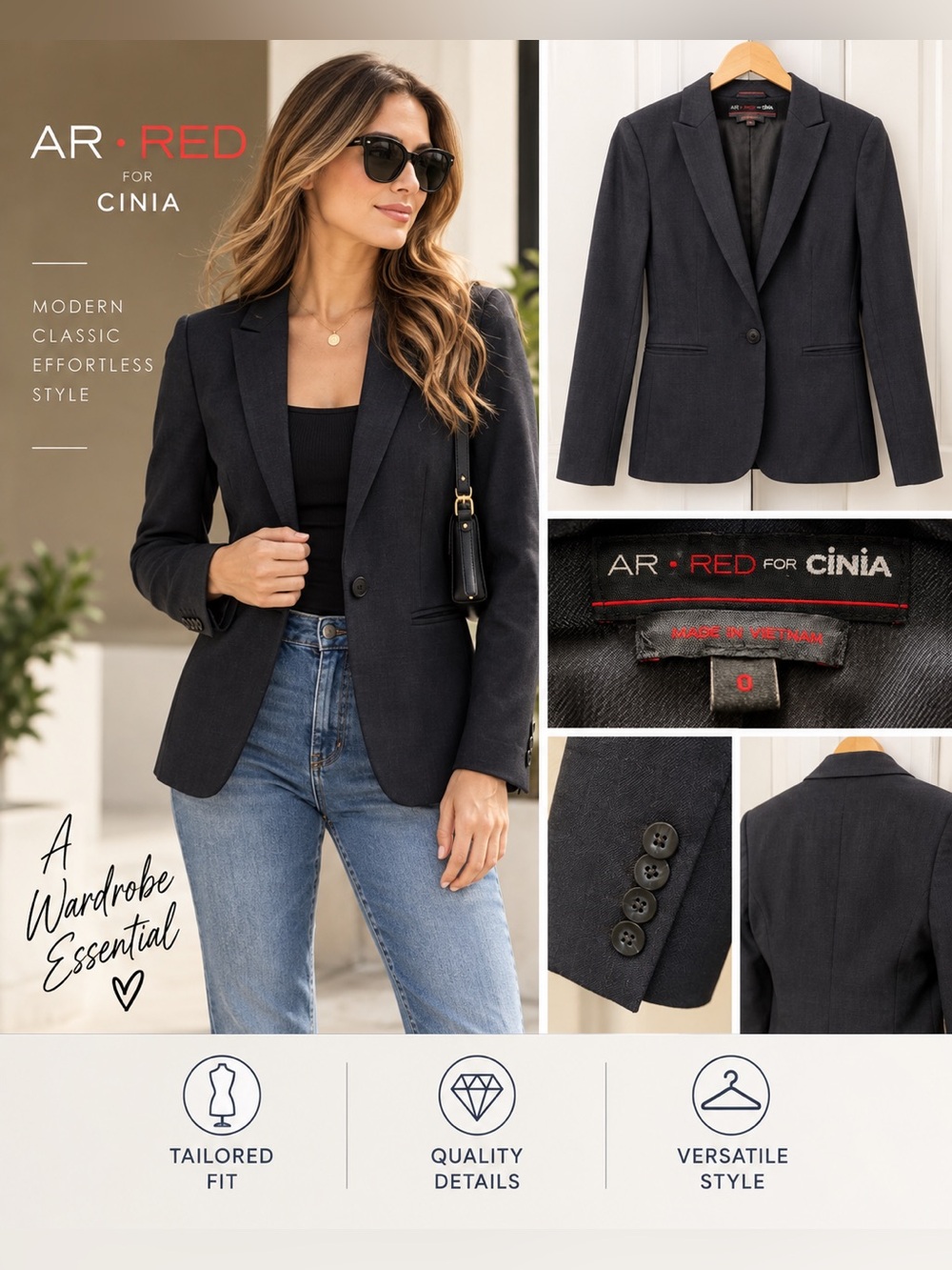 AR Red for Cinja Women’s Wool Blend Blazer Size 0 Black Charcoal Tailored Jacket